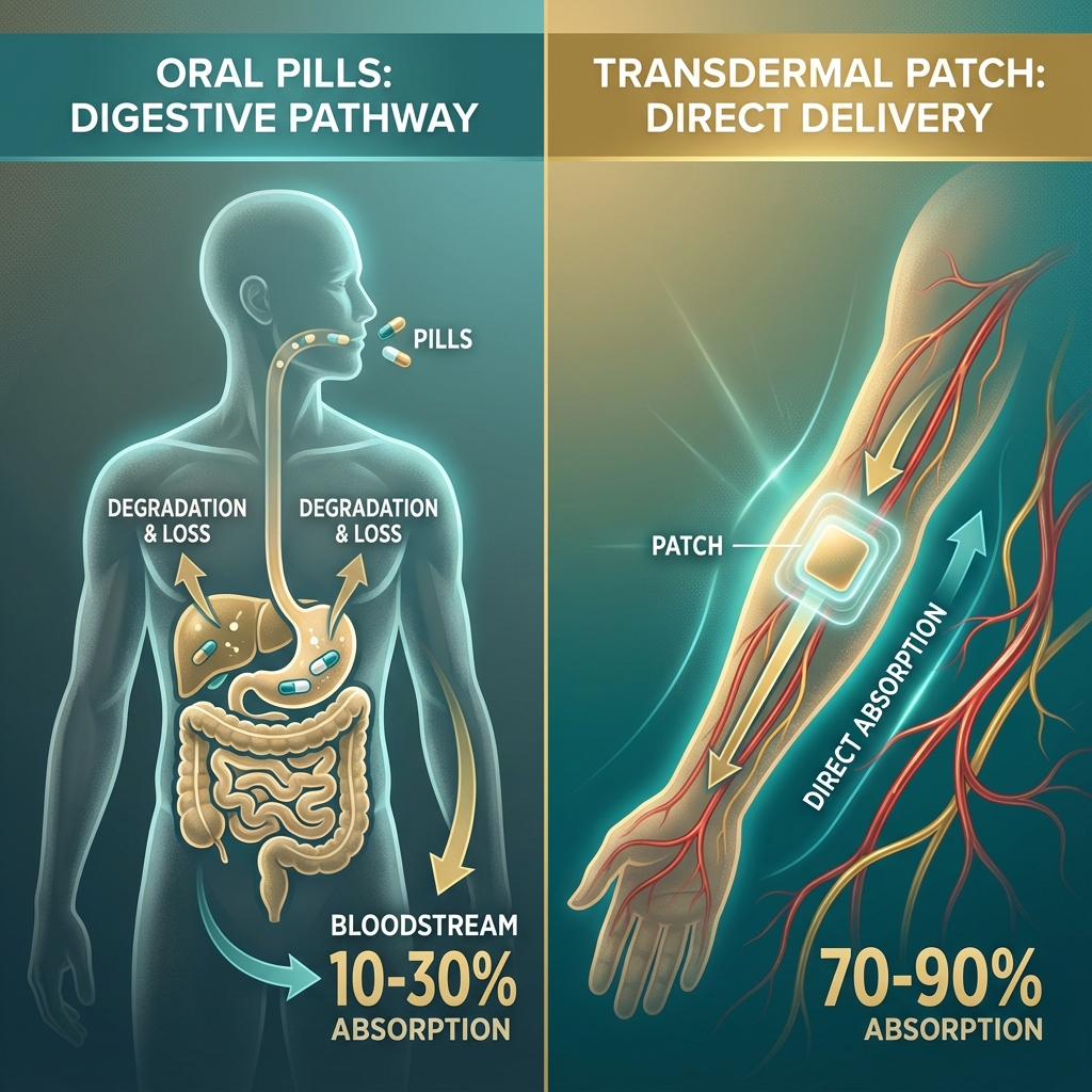 NAD+ Absorption Comparison Chart - Patches vs Pills Bioavailability 70-90% vs 10-30%