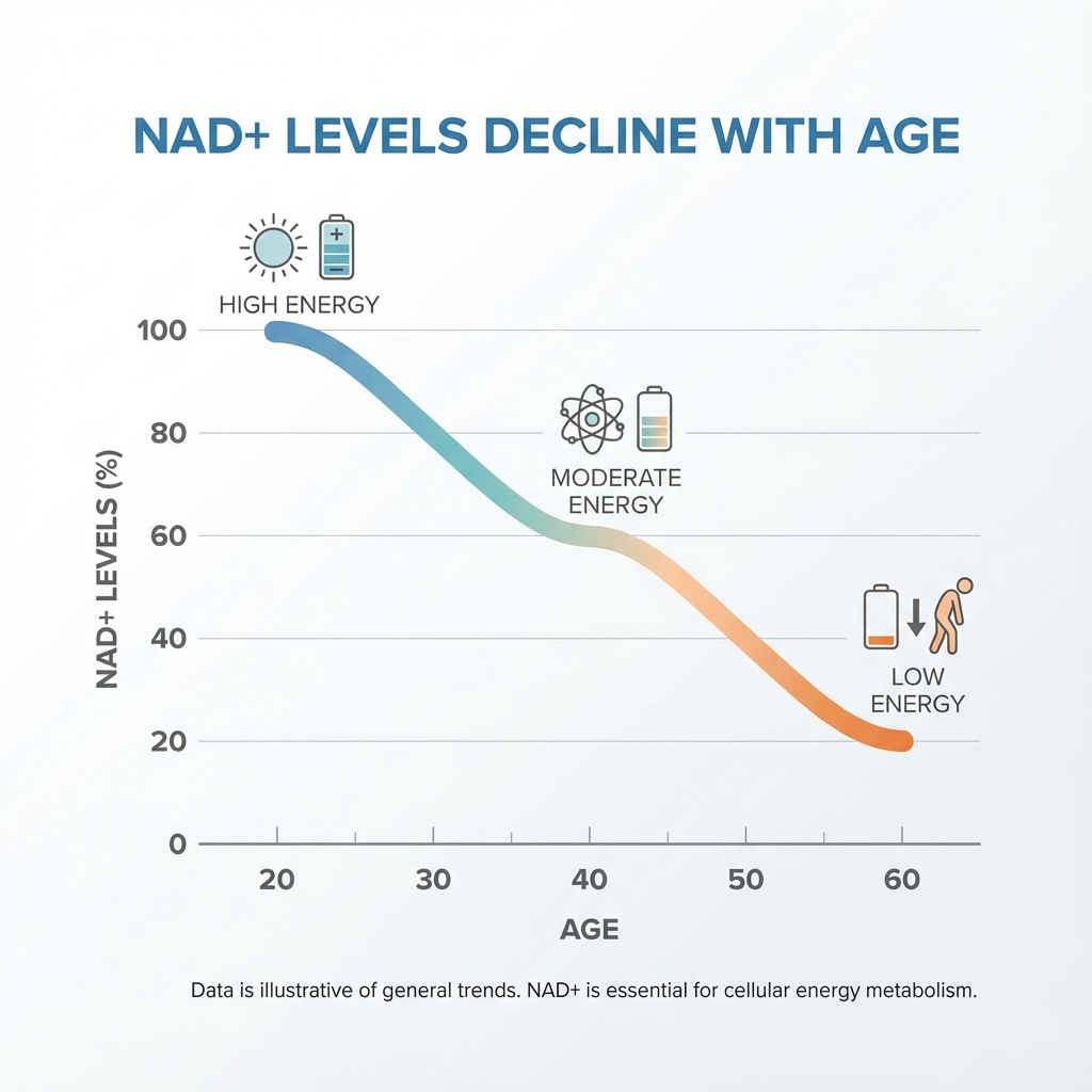 NAD+ Levels Decline with Age Chart Infographic - Why NAD Supplementation is Essential